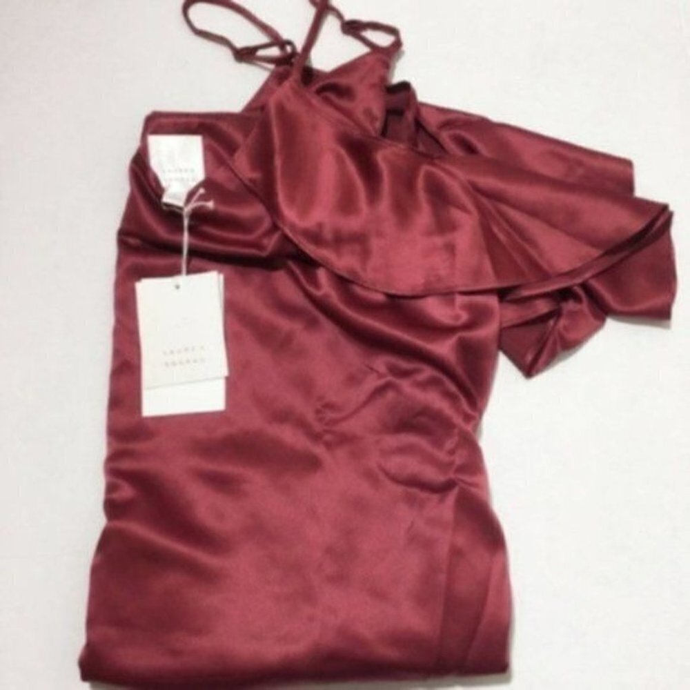 LC Lauren Conrad Womens Red Cold Shoulder Flutter Sleeve Silky Blouse Sz L New - Picture 4 of 9